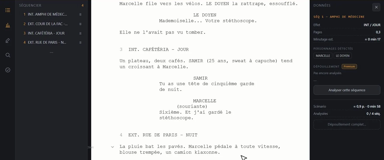 L'écran de ScénariScript : le séquencier à gauche, la page de scénario au centre, les données de la séquence à droite.