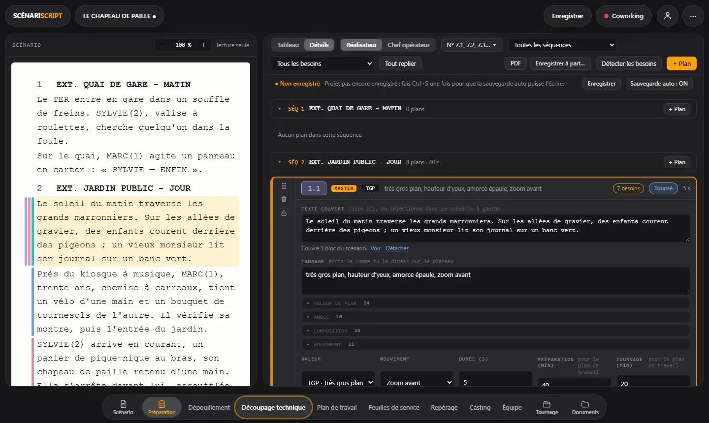 Découpage technique : scénario à gauche, plans par séquence à droite