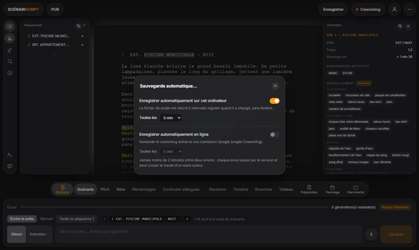 Fenêtre Sauvegarde automatique : sur cet ordinateur et en ligne