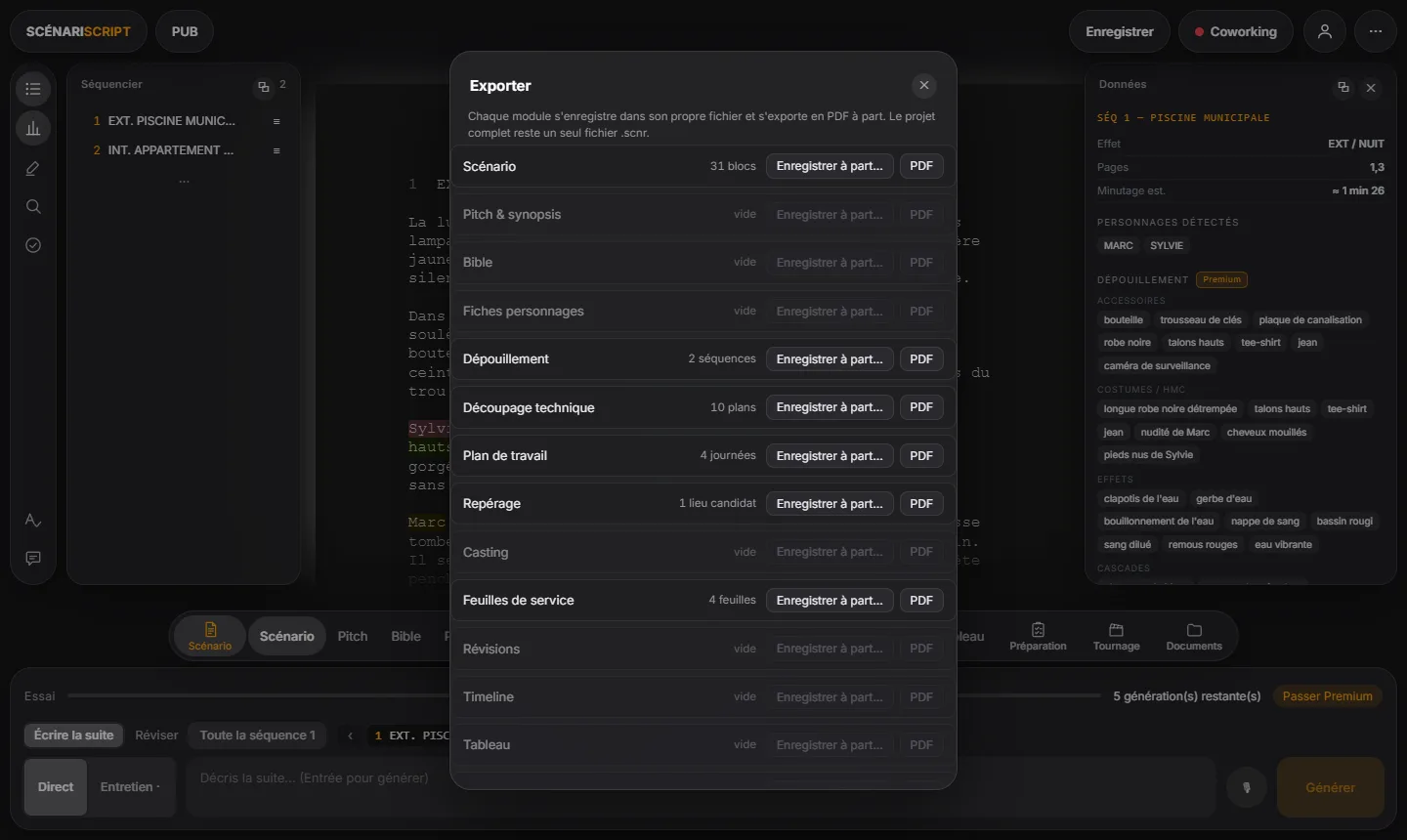 Fenêtre Exporter : chaque module à part, en fichier ou en PDF