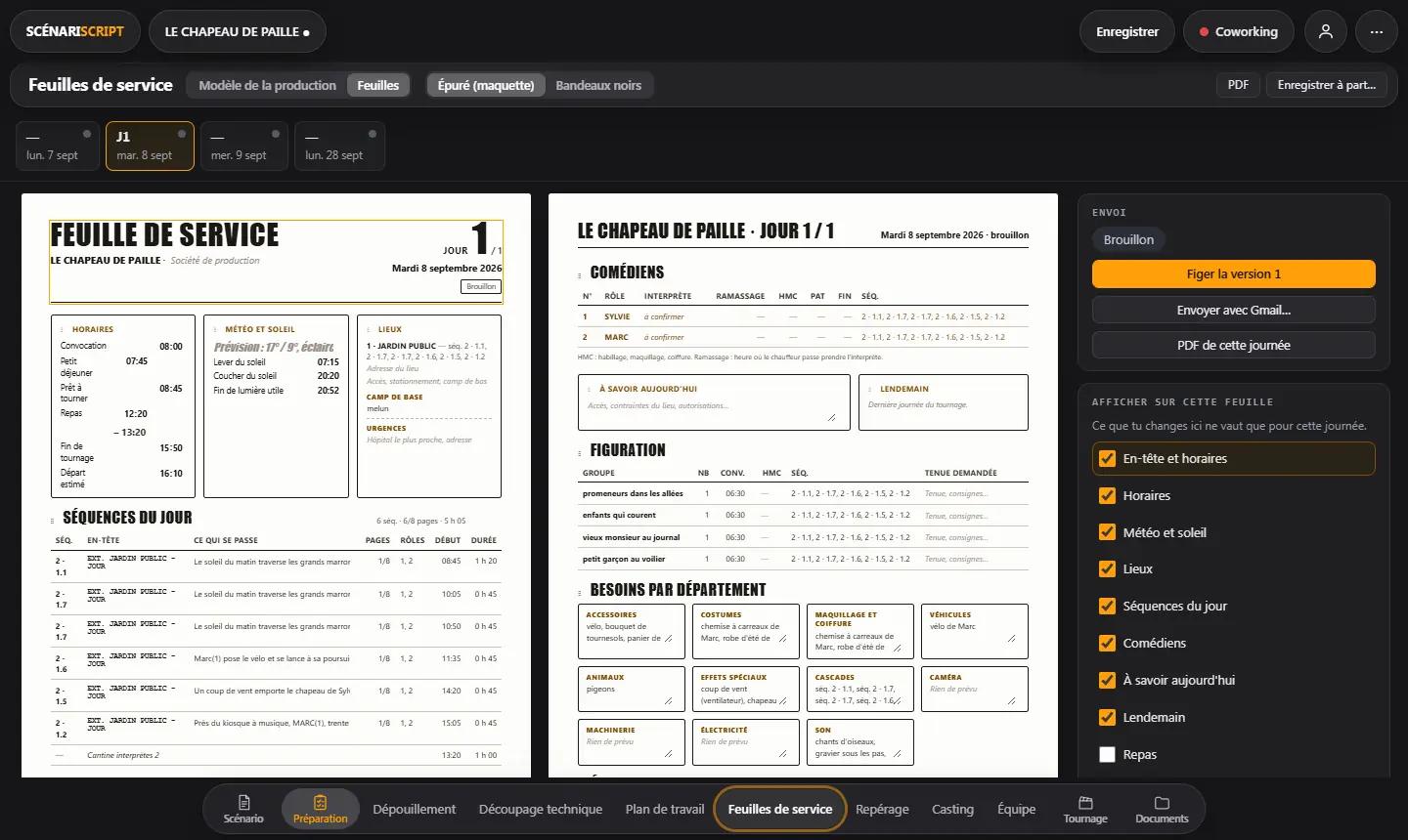 Feuille de service : horaires, séquences du jour, comédiens, figuration, besoins par département