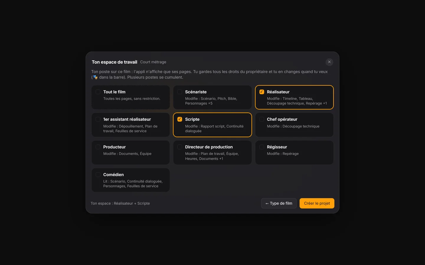 Nouveau projet : choisir son poste, réalisateur, scripte, chef opérateur…