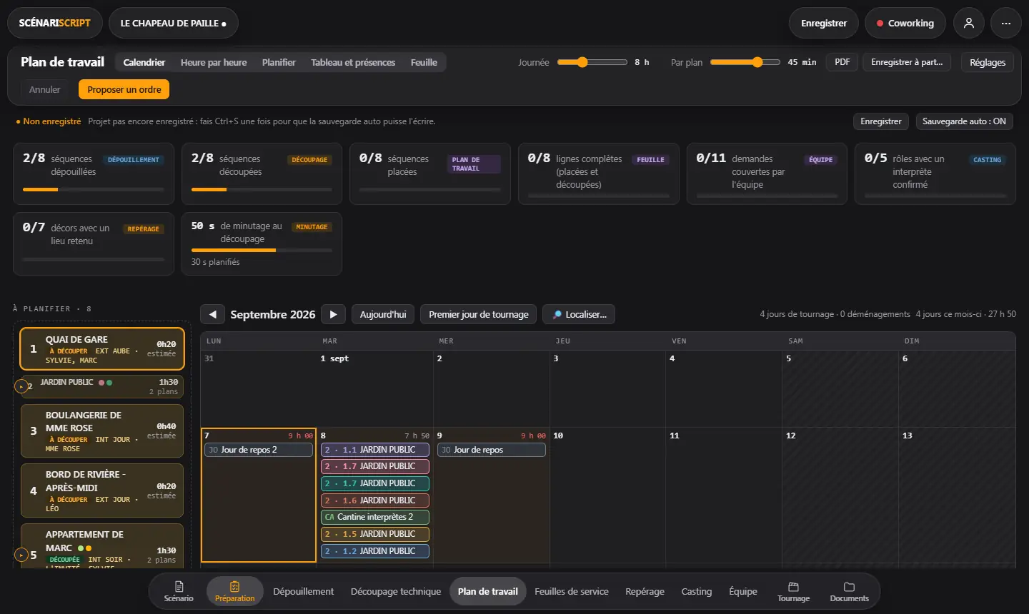 Plan de travail, vue Calendrier