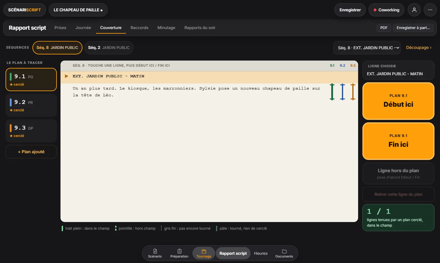 Couverture : le trait de chaque plan posé sur la page du scénario