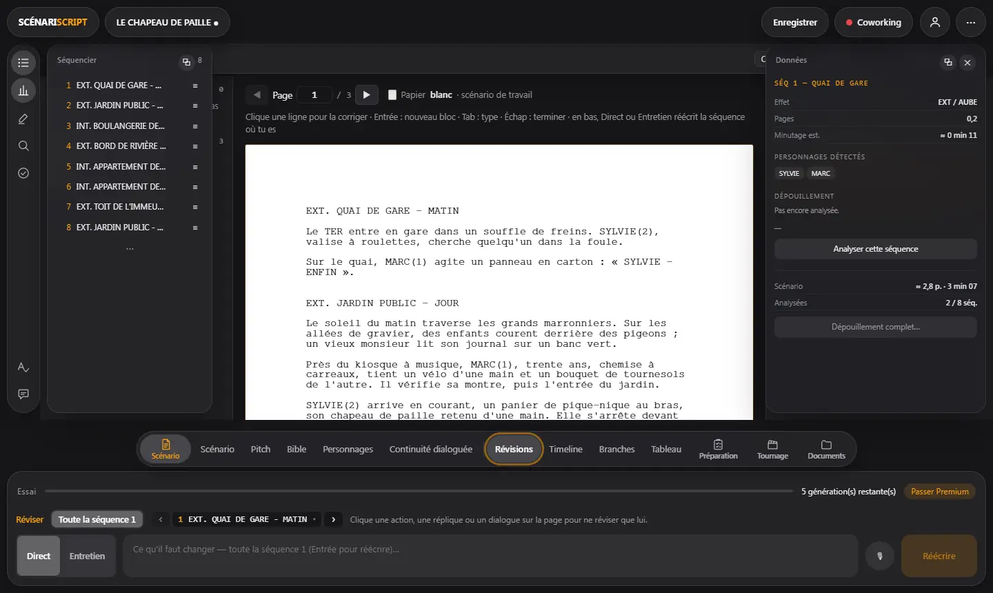 Révisions : le scénario page par page, tel qu'il s'imprime
