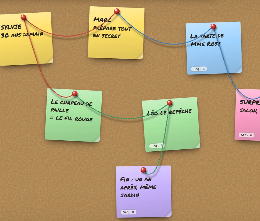 Le Tableau : des post-it reliés par des cordelettes sur un mur de liège.