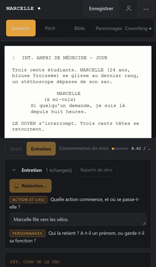 ScénariScript sur téléphone, en mode Entretien.